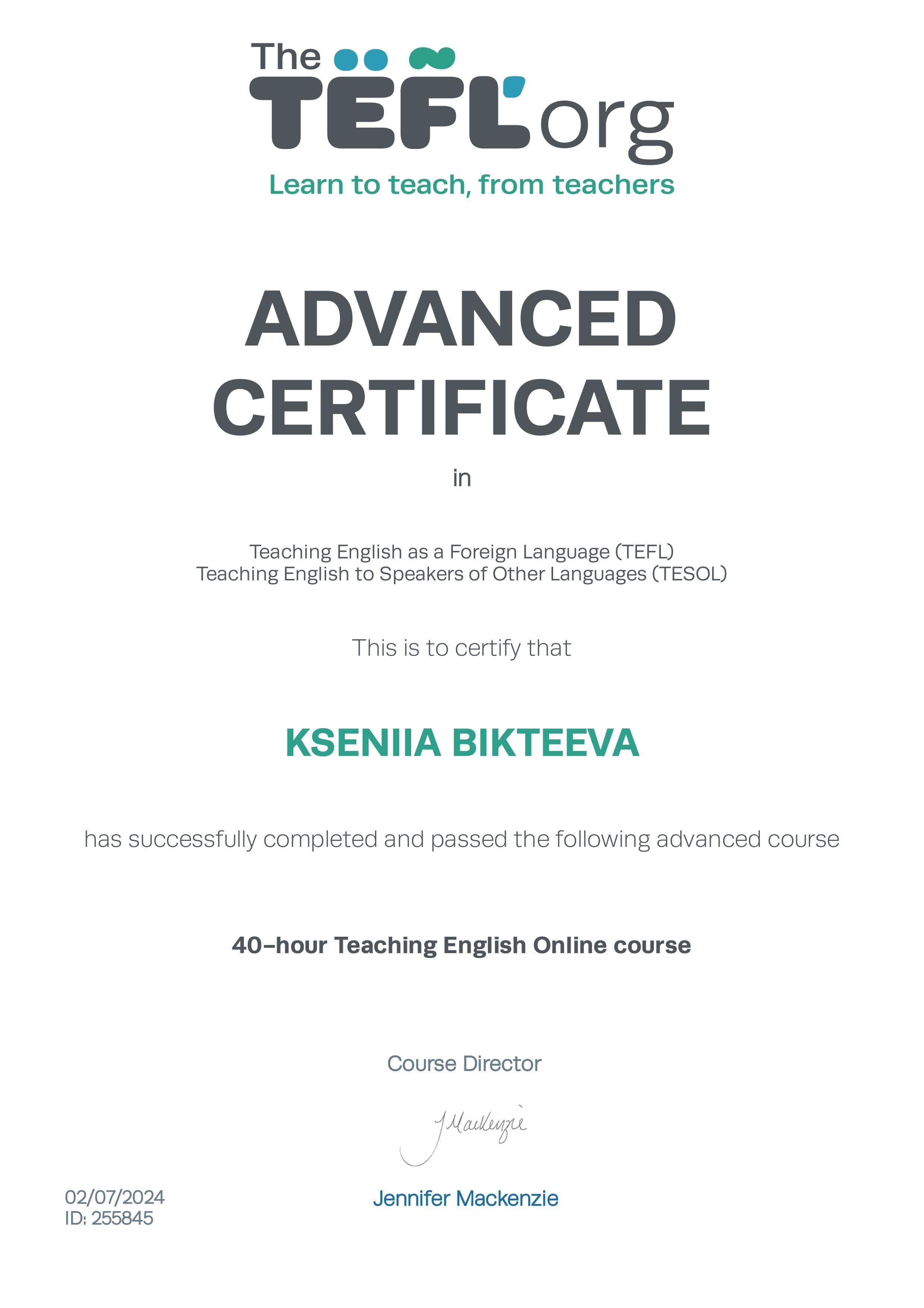 adv Tefl certificate